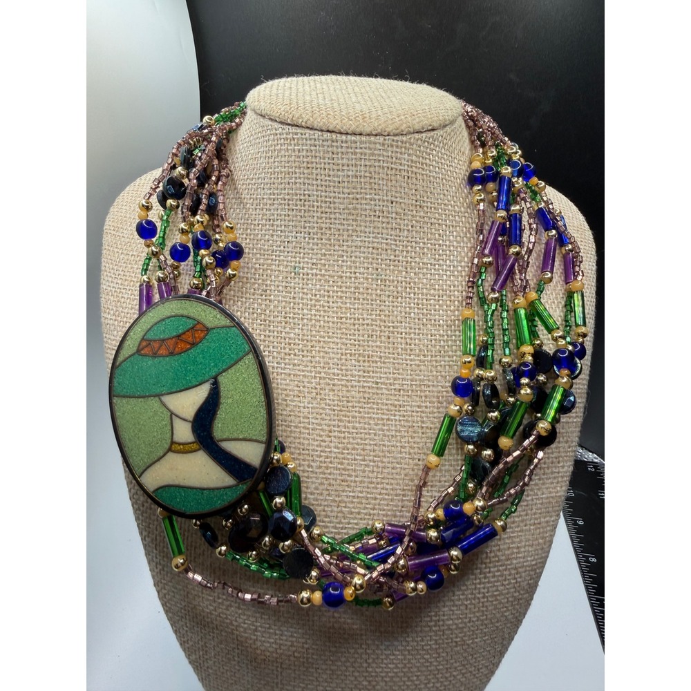 Artisan Multi Strand Beaded Statement Necklace Cloisonne Woman in‎ Hat Pendant